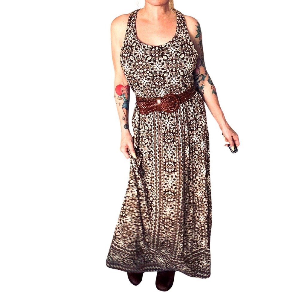 J. Jill Brown Geometric Floral Print Criss Cross Back Sleeveless Maxi Dress